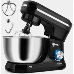 VonShef Black Food Mixer - Electric 8 Speed 1000W Stand Mixer, 4.5L Stainless Steel Mixing Bowl, Beater, Dough Hook & Balloon Whisk For Baking