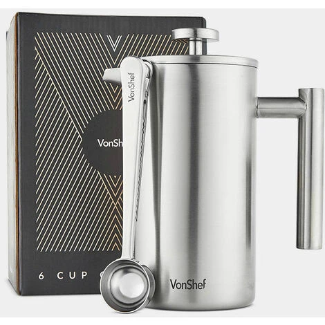 VonShef Cafetiere Stainless Steel - 6 Cup/800ml Double Walled Satin Brushed Coffee Filter With Coffee Measuring Spoon And Bag Sealing Clip