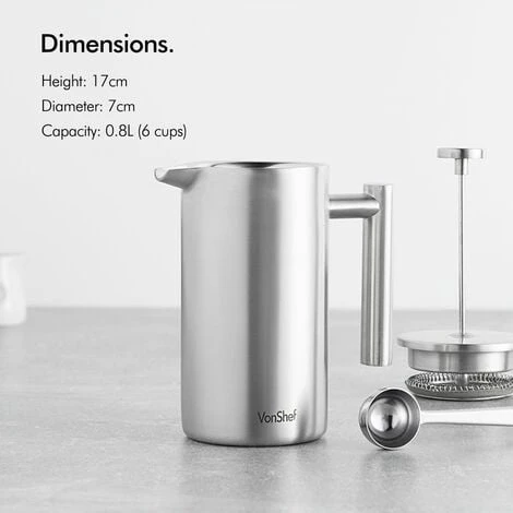 VonShef Cafetiere Stainless Steel - 6 Cup/800ml Double Walled Satin Brushed Coffee Filter With Coffee Measuring Spoon And Bag Sealing Clip - Image 4