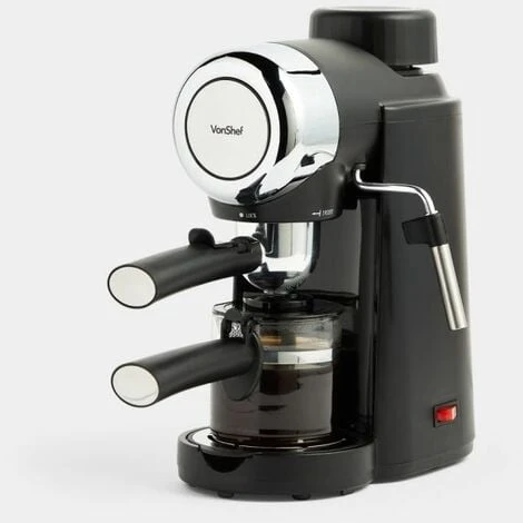 VonShef 4 Bar Espresso Machine - Black Coffee Maker With 4 Cup Capacity, Removable Easy Clean Drip Tray, Stainless Steel Filter, Control Dial & Milk Frothing For Espressos, Cappuccinos & Lattes - 800W