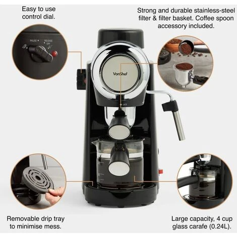 VonShef 4 Bar Espresso Machine - Black Coffee Maker With 4 Cup Capacity, Removable Easy Clean Drip Tray, Stainless Steel Filter, Control Dial & Milk Frothing For Espressos, Cappuccinos & Lattes - 800W - Image 2