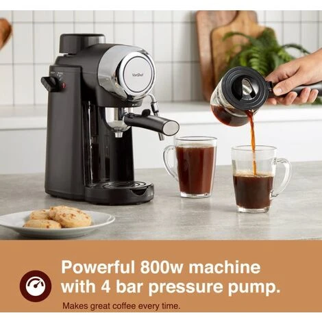 VonShef 4 Bar Espresso Machine - Black Coffee Maker With 4 Cup Capacity, Removable Easy Clean Drip Tray, Stainless Steel Filter, Control Dial & Milk Frothing For Espressos, Cappuccinos & Lattes - 800W - Image 3