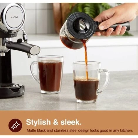 VonShef 4 Bar Espresso Machine - Black Coffee Maker With 4 Cup Capacity, Removable Easy Clean Drip Tray, Stainless Steel Filter, Control Dial & Milk Frothing For Espressos, Cappuccinos & Lattes - 800W - Image 5