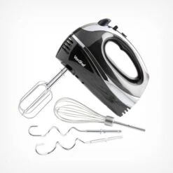 VonShef Professional 300W Hand Mixer, Black, Includes Chrome Beaters, Dough Hooks, Balloon Whisk + 5 Speed With Turbo Button