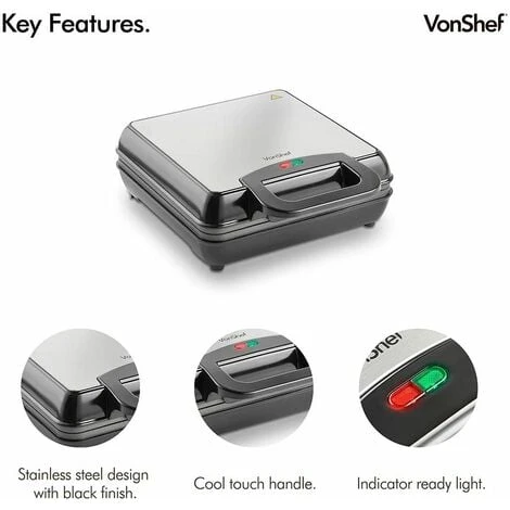 VonShef Waffle Maker, Large Quad Belgian Sweet & Savoury Cooker Easy Clean Non-Stick Coated Plates, Cool Touch Handles & Automatic Temperature Control, Compact, Portable Stainless Steel Design – 1100W - Image 4