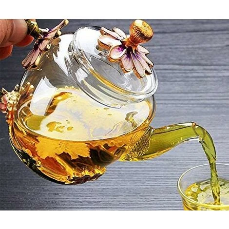Glass Teapot - 280 Ml (9.47 Oz) - Glass Teapot With France Enamel Chrysanthemum Flower/Heat Resistant Glass Teapot Kettle With Strainer For Blooming Tea, Loose Leaf Tea - Image 2