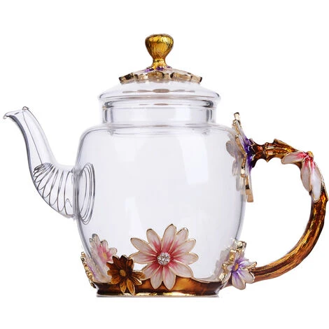 Glass Teapot - 280 Ml (9.47 Oz) - Glass Teapot With France Enamel Chrysanthemum Flower/Heat Resistant Glass Teapot Kettle With Strainer For Blooming Tea, Loose Leaf Tea - Image 5