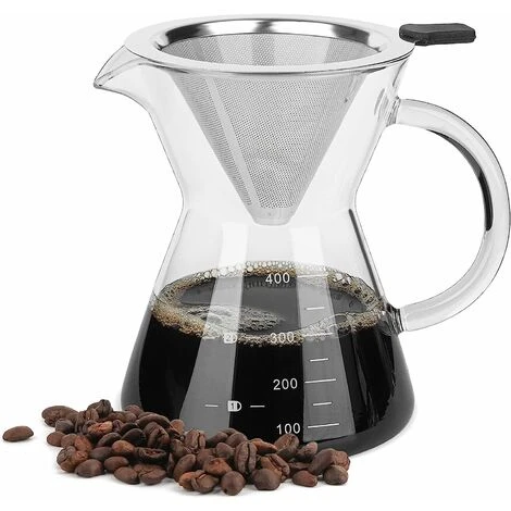 Pour Over Coffee Maker With Stainless Steel Filter, Borosilicate Glass Carafe Manual Coffee Dripper Brewer With Handle, No Paper Filters Needed Hand Drip Coffee Maker (400ml)