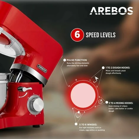 AREBOS Food Processor 1500 W Red Kneading Machine With 2 X Stainless Steel Mixing Bowls Low Noise Kitchen Mixer With Mixing Hook, Dough Hook, Whisk And Splash Guard 6 Speeds - Image 3