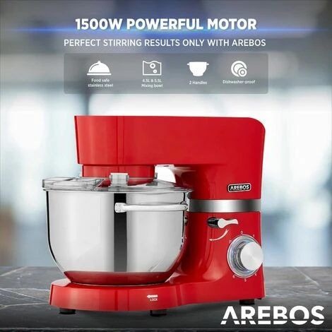 AREBOS Food Processor 1500 W Red Kneading Machine With 2 X Stainless Steel Mixing Bowls Low Noise Kitchen Mixer With Mixing Hook, Dough Hook, Whisk And Splash Guard 6 Speeds - Image 4