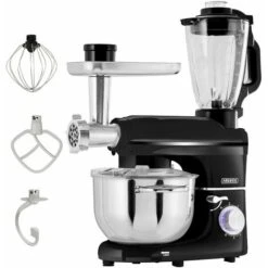 AREBOS 6-in-1 Food Processor 1500 W Black Meat Grinder Blender Pasta Machine Kneading Machine With Stainless Steel Bowl 5.5 L Kitchen Mixer With Mixing Hook, Dough Hook, Whisk, Splash Guard