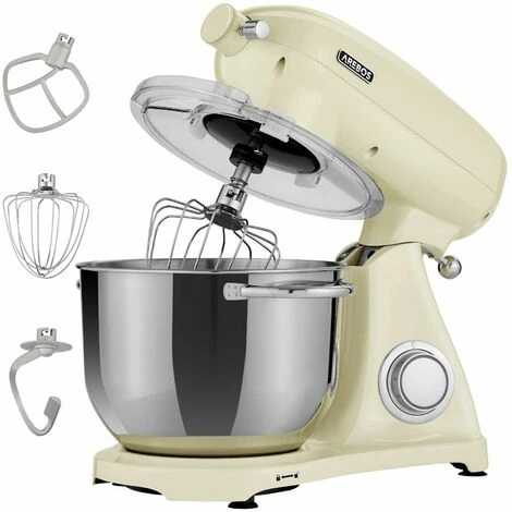 AREBOS Retro Food Processor 1800 W Cream Kneading Machine With 6L Stainless Steel Mixing Bowl Low Noise Kitchen Mixer With Mixing Hook, Dough Hook, Whisk And Splash Guard 6 Speeds