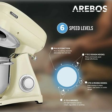AREBOS Retro Food Processor 1800 W Cream Kneading Machine With 6L Stainless Steel Mixing Bowl Low Noise Kitchen Mixer With Mixing Hook, Dough Hook, Whisk And Splash Guard 6 Speeds - Image 3