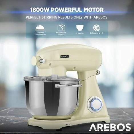 AREBOS Retro Food Processor 1800 W Cream Kneading Machine With 6L Stainless Steel Mixing Bowl Low Noise Kitchen Mixer With Mixing Hook, Dough Hook, Whisk And Splash Guard 6 Speeds - Image 4