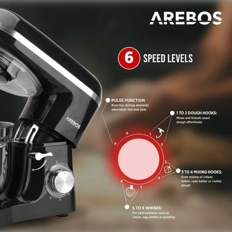 AREBOS Stand Mixer 1500 W With 6 L Stainless Steel Mixing Bowl, Incl. Whisk, Dough Hook, Flat Beater And Splash Guard, 6 Speed Settings And Pulse Function - Image 3