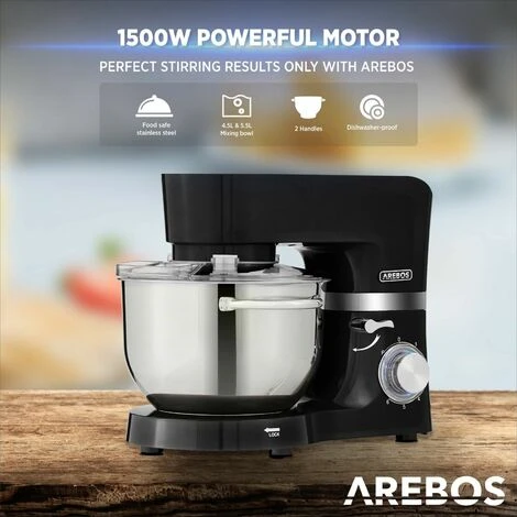 AREBOS Stand Mixer 1500 W With 6 L Stainless Steel Mixing Bowl, Incl. Whisk, Dough Hook, Flat Beater And Splash Guard, 6 Speed Settings And Pulse Function - Image 4