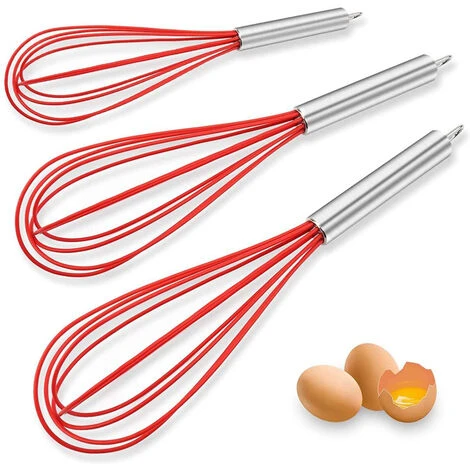 Silicone Whisk, Balloon Whisk Set, Wire Whisk, Egg Frother, Milk And Egg Beater Blender-Kitchen Utensils For Blending, Whisking, Beating, Stirring, Set Of 3, Red - Image 4