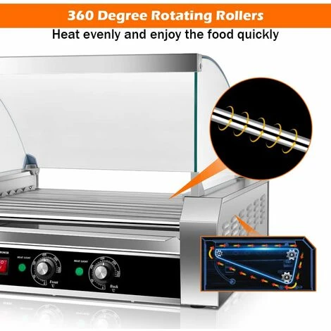 COSTWAY 1400W Hot Dog Roller Machine, 11 Rollers Sausage Grill With 2 Heating Zones, 0-250¡ãC Temperature Adjustment & Tempered Glass Hood, Stainless Steel Electric Roller For Commercial Household - Image 2