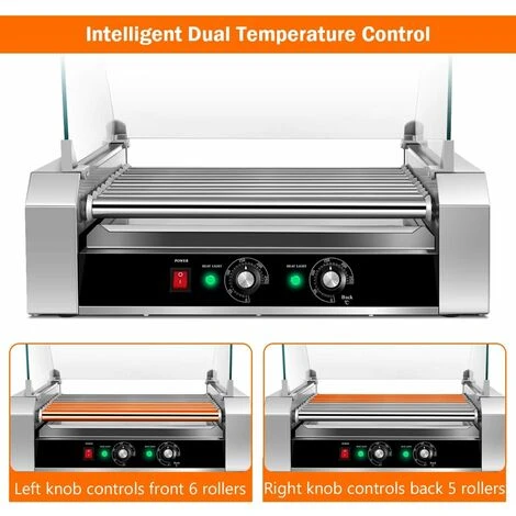 COSTWAY 1400W Hot Dog Roller Machine, 11 Rollers Sausage Grill With 2 Heating Zones, 0-250¡ãC Temperature Adjustment & Tempered Glass Hood, Stainless Steel Electric Roller For Commercial Household - Image 3