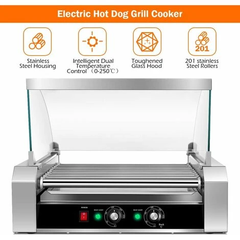COSTWAY 1400W Hot Dog Roller Machine, 11 Rollers Sausage Grill With 2 Heating Zones, 0-250¡ãC Temperature Adjustment & Tempered Glass Hood, Stainless Steel Electric Roller For Commercial Household - Image 4