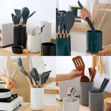 Kitchen Utensil Holder,Cooking Utensil Holder For Kitchen Counter, Cream White Ceramic Utensil Crock Grey Medium - Image 5