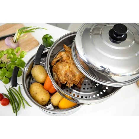 Steamer Pot With Lid 3-Tier Induction-Safe Stainless Steel 7.3L Multi Food Cook - Image 2