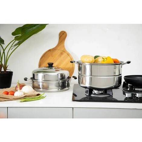 Steamer Pot With Lid 3-Tier Induction-Safe Stainless Steel 7.3L Multi Food Cook - Image 3