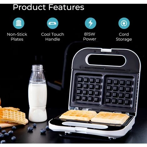 Electric Waffle Iron Maker Belgian Non-Stick 2 Slice Deep Plates 700W Geepas - Image 2