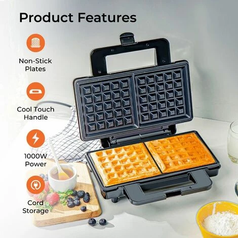 Deep Fill Waffle Maker Iron Non-Stick Cooking Plates Belgian Waffle 1000W Geepas - Image 2