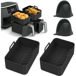 Silicone Pot For Ninja Double Air Fryer, 2PCS Reusable Air Fryer Liners, Silicone Air Fryer Basket, Accessory For Air Fryer, Oven, Microwave, Cake Mold, Black