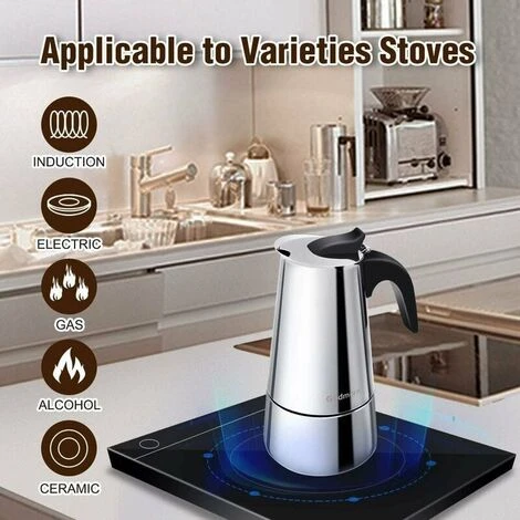 Italian Coffee Maker, Moka Coffee Maker In Stainless Steel Pressure Coffee Maker 300ml Large Capacity Compatible With Induction Hob With Ergonomic Handle - Image 2