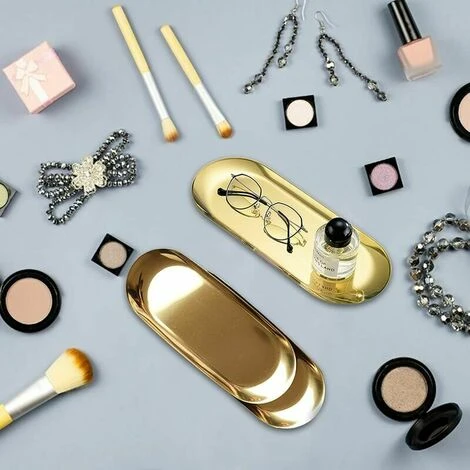 2 Piece Stainless Steel Oval Storage Tray Oval Napkin Tray Trinket Tray Gold Candle Tray Gold Decorative Tray - Image 2