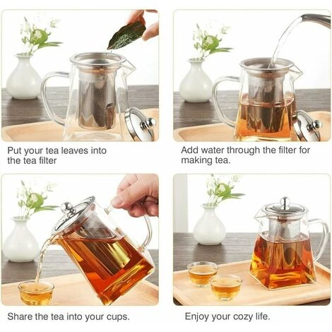 Square Glass Teapot With Infuser, 500ml Borosilicate Teapot With Strainer, Clear Loose Leaf Teapots For Loose Tea - Image 3