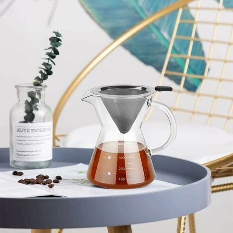 Pour Over Coffee Maker With Stainless Steel Filter, Borosilicate Glass Carafe With Handle, No Paper Filters Needed (400ml) - Image 3