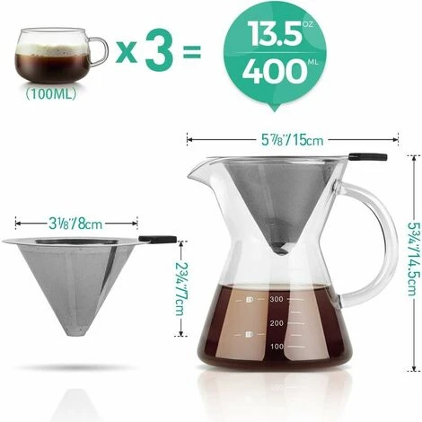 Pour Over Coffee Maker With Stainless Steel Filter, Borosilicate Glass Carafe With Handle, No Paper Filters Needed (400ml) - Image 4
